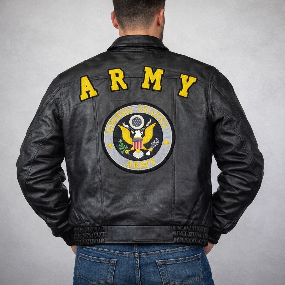 Army Bomber Jacket Ferugini Roma Paris London Black Leather Coat Men's Large New